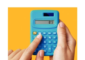 Close-up of hands using a blue calculator on a bright yellow background, showing “0.9” to represent Fleximize’s interest rates from 0.9% – a visual nod to our clarity, transparency, and quick decisions.